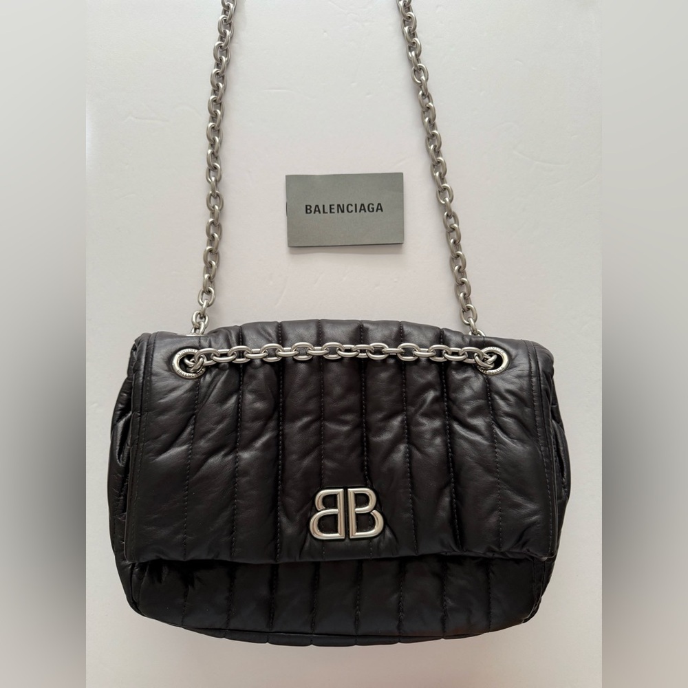 Authentic Balenciaga Logo Monaco Chain Bag S Quilted Thin Calf Black - Picture 3 of 13
